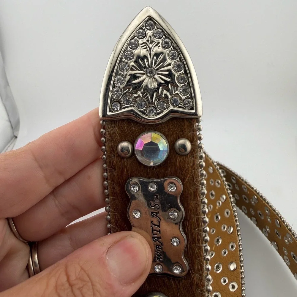 WholesalebyATLAS Western Belt XL Brown Excellent Crystal Studded Hair-on-Hide